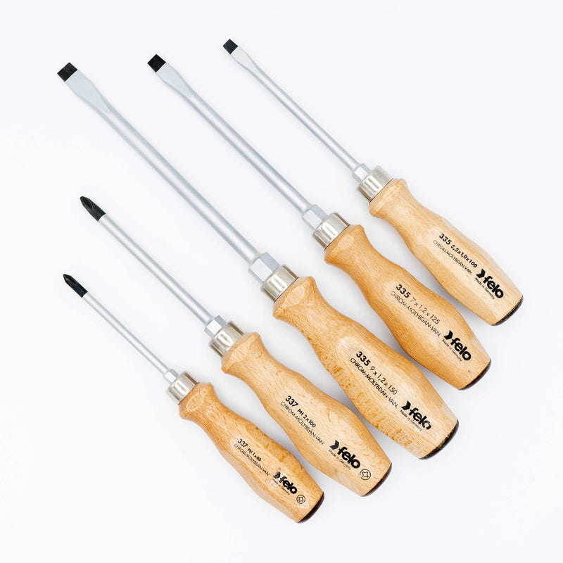 Felo 22155 Wood Handle Slotted and Phillips Screwdriver Set 5 Piece