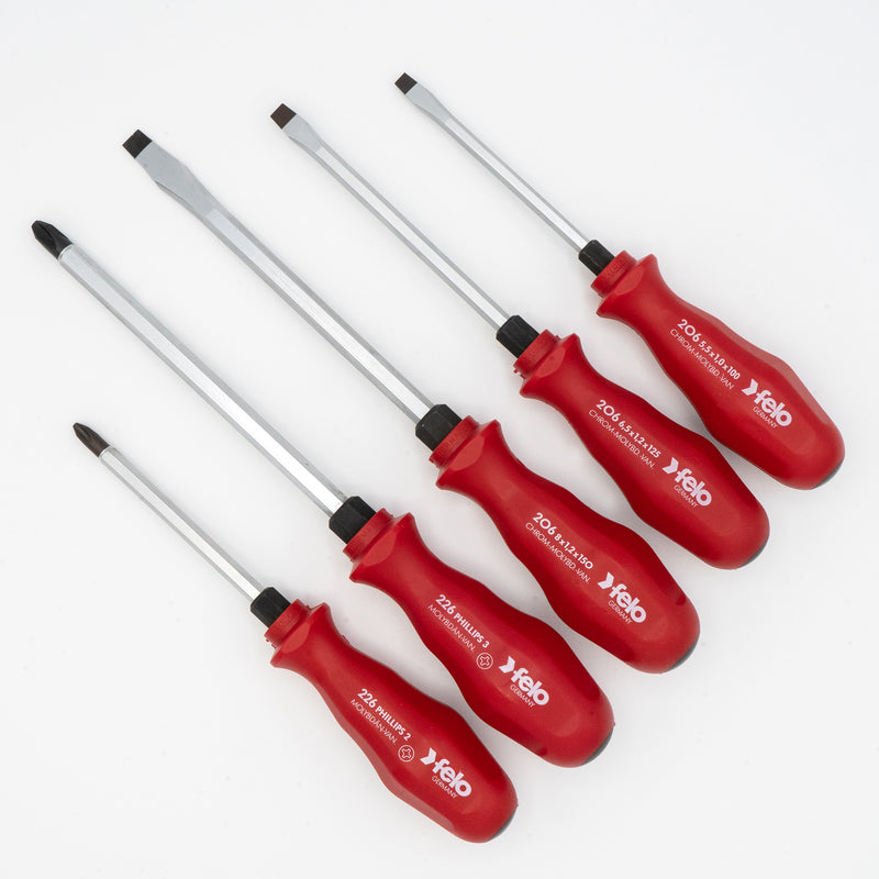 Felo 31720 Screwdriver Set Extra Heavy-Duty Screwdrivers with Steel Cap and Hex Bolster Slotted & Phillips 5 Piece Set